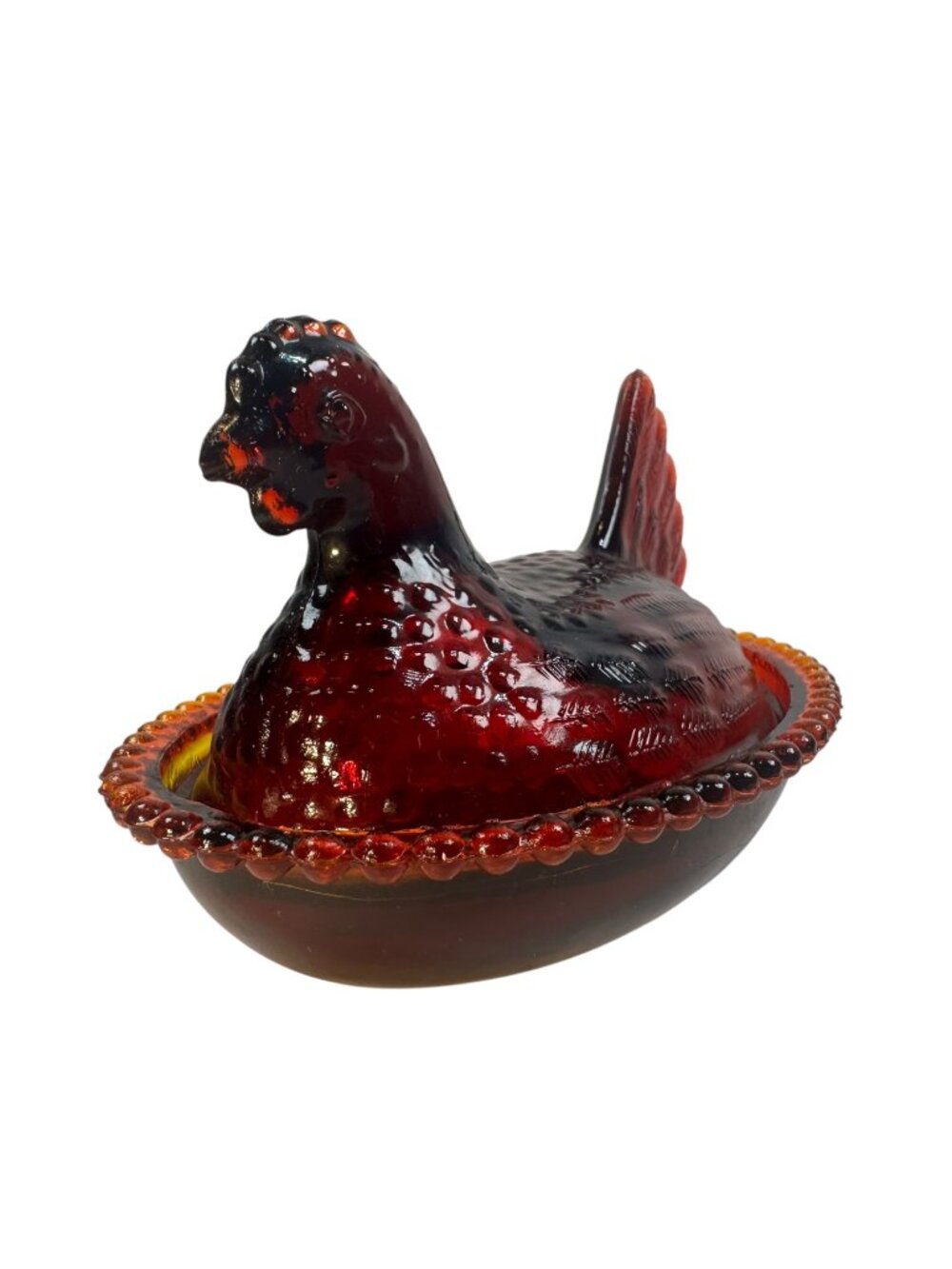 Rose's Closet Red Glass Hen On Nest Covered Candy Dish Vintage Look Chicken Glow